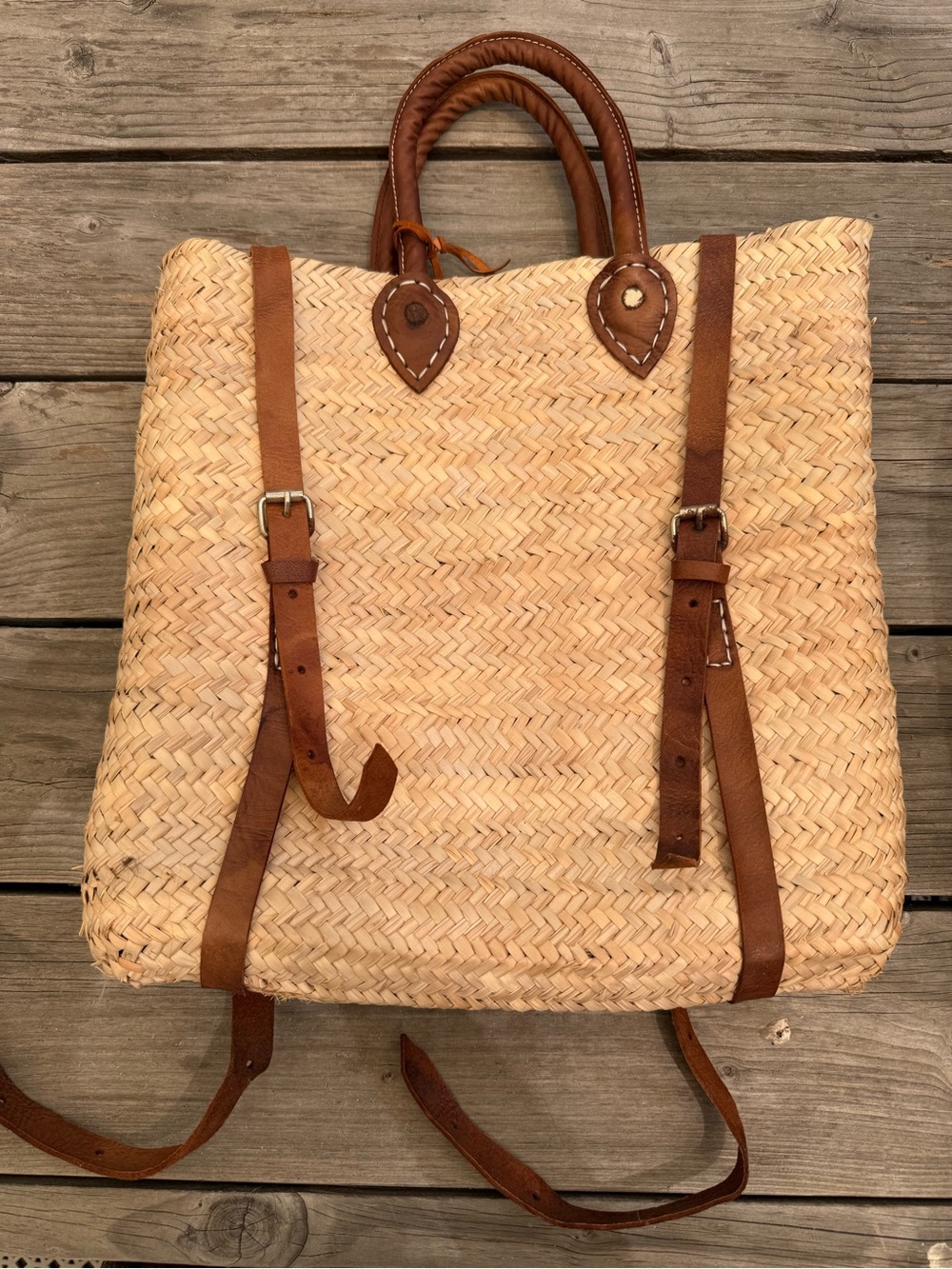 Natural Straw Backpack with Brown Leather Trim